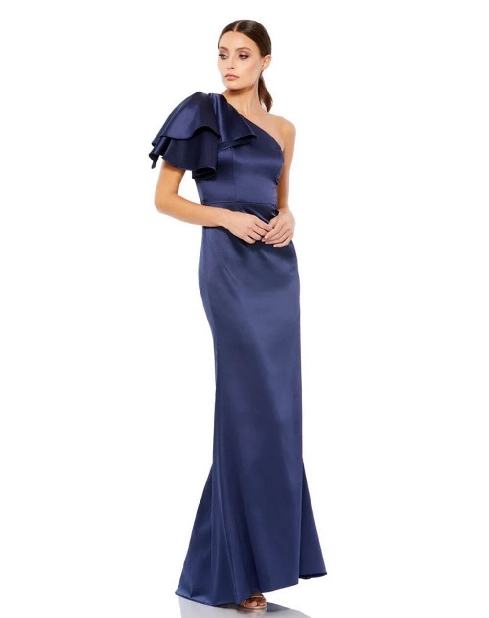 Mac Duggal Navy One Shoulder Flutter Sleeve Satin Evening Gown Size 12